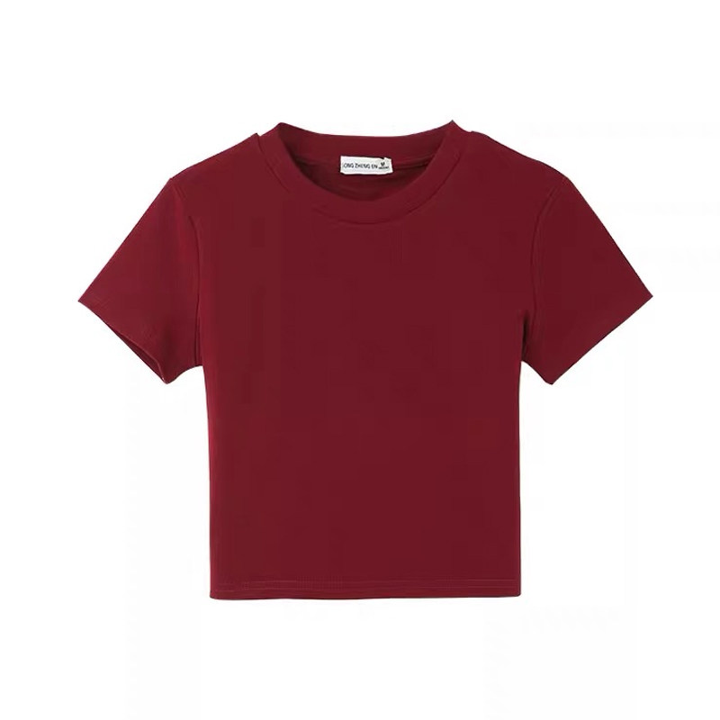 2024夏季短袖t恤女超短款修身显瘦辣妹上衣圆领露脐纯棉体恤正肩