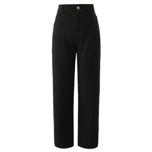 娅丽达加绒宽直筒牛仔裤女2025新款秋冬显瘦小个子烟管裤黑色裤子