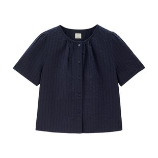 佐丹奴肌理感衬衫女新款纯棉暗条纹法式圆领通勤短袖上衣05345477