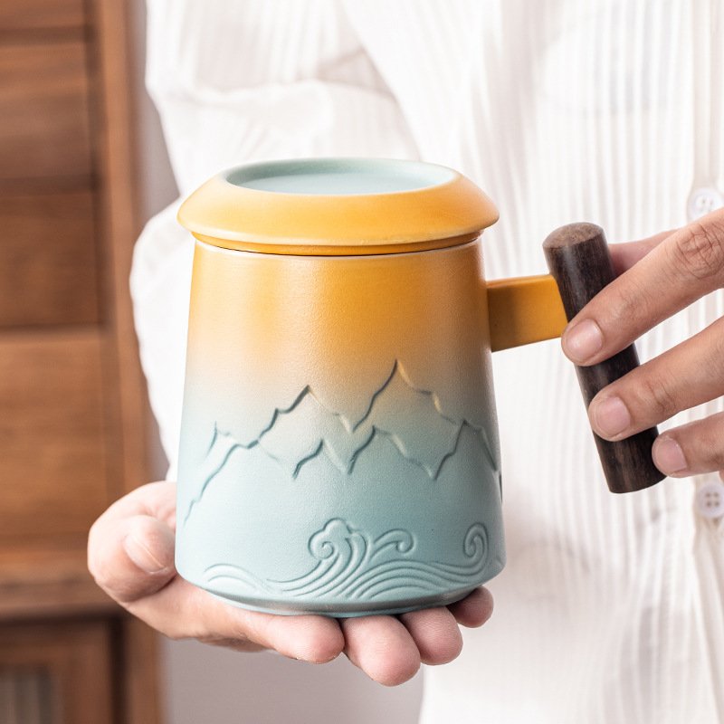 茶杯陶瓷马克杯带盖大容量过滤茶杯茶水泡杯子分离水杯简约办公室