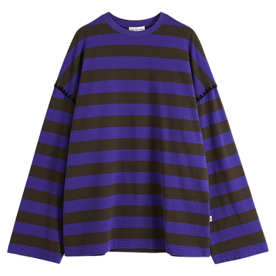 Short贝壳绣饰边条纹长袖T恤