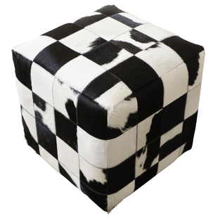 高级真皮坐墩棋盘格现代简约奶牛皮毛一体凳子化妆凳客厅矮凳脚凳