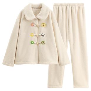 芬腾珊瑚绒女士睡衣秋冬加厚新中式套装布朗熊宽松大码加绒家居服