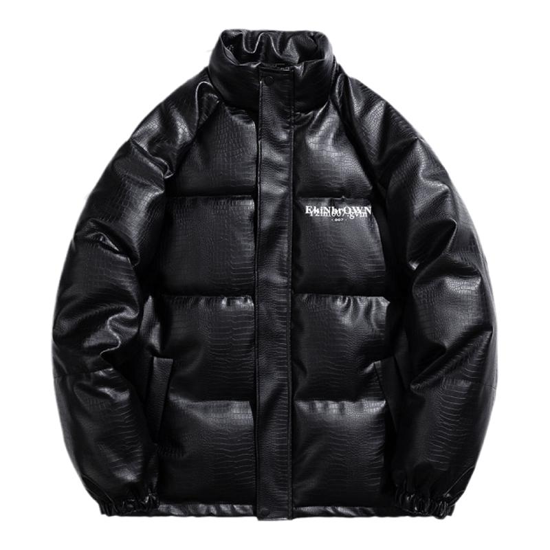 冬季韩版情侣羽绒服ins潮鳄鱼纹PU皮衣立领免洗面包服男棉服外套