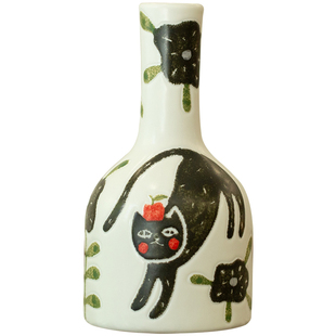平安猫法式高级黑陶瓷小花瓶手绘可爱猫咪插花瓶乔迁婚房摆件装饰