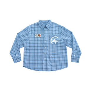 4AM mulasakee同款贴布印花蓝白格子长袖衬衫秋季翻领正肩衬衣