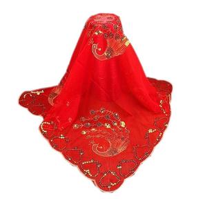 结婚礼纪新娘红盖头蒙头红头巾中式秀禾服喜帕盖头半透明纱巾称杆