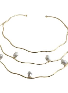 小众多层波浪珍珠项圈项链choker