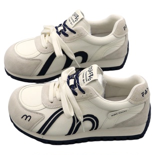 真皮阿甘鞋女丑萌单鞋2026春季圆头系带厚底运动休闲德训鞋女板鞋