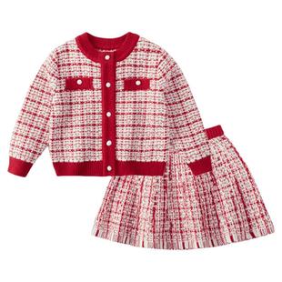 [远红外锁温]女童小香风套装大童秋冬红色加厚两件套儿童周岁衣服