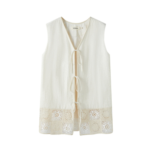 CROWNLESS未冕Viscose亚麻混纺25夏新中式手工刺绣蕾丝系结马甲女