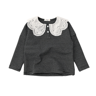 21支精梳棉 儿童娃娃领纯棉长袖T 女童条纹打底衫 中童春秋款童装