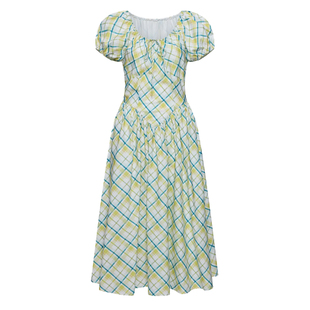 Chings复古抽绳泡泡袖高腰连衣裙 冰淇淋色系绑带大摆裙A字长裙夏