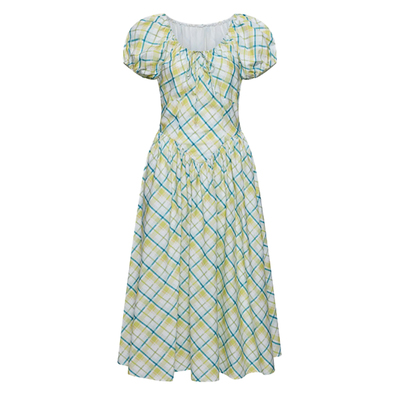 复古抽绳泡泡袖高腰连衣裙