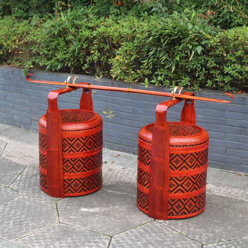 竹编篮子结婚篮子定亲篮子双层竹制红色婚庆挑篮带扁担一对喜事篮