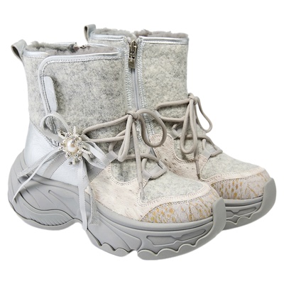 fed厚底时装靴冬季新款女靴银色短靴加绒休闲靴女款S0930-YAB139