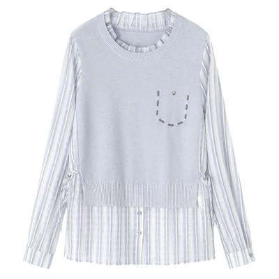 亦白百搭圆领假两件拼接针织衫女