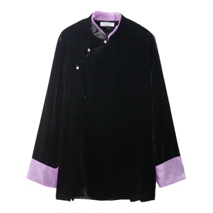 SILVIYE/溯也真丝丝绒立领斜门襟上衣桑蚕丝新中式欧根纱拼接衬衣