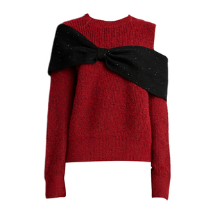 DPLAY2025年冬季新款红色毛衣蝴蝶结露肩甜美针织衫新年上衣女