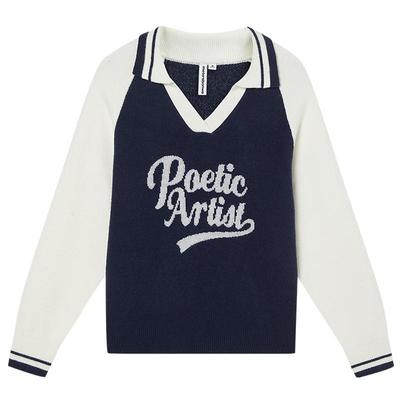 美特斯邦威毛衣女士秋冬时尚潮流印花舒适拼色POLO领百搭毛衫上衣