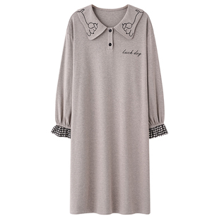 春秋季长袖翻领睡裙女款100%纯棉秋冬款学生卡通小个子连衣裙睡衣