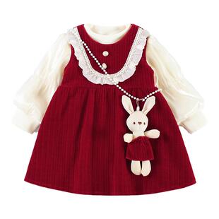 女童加厚灯芯绒连衣裙洋气秋冬季女宝宝加绒裙子儿童装公主裙套装