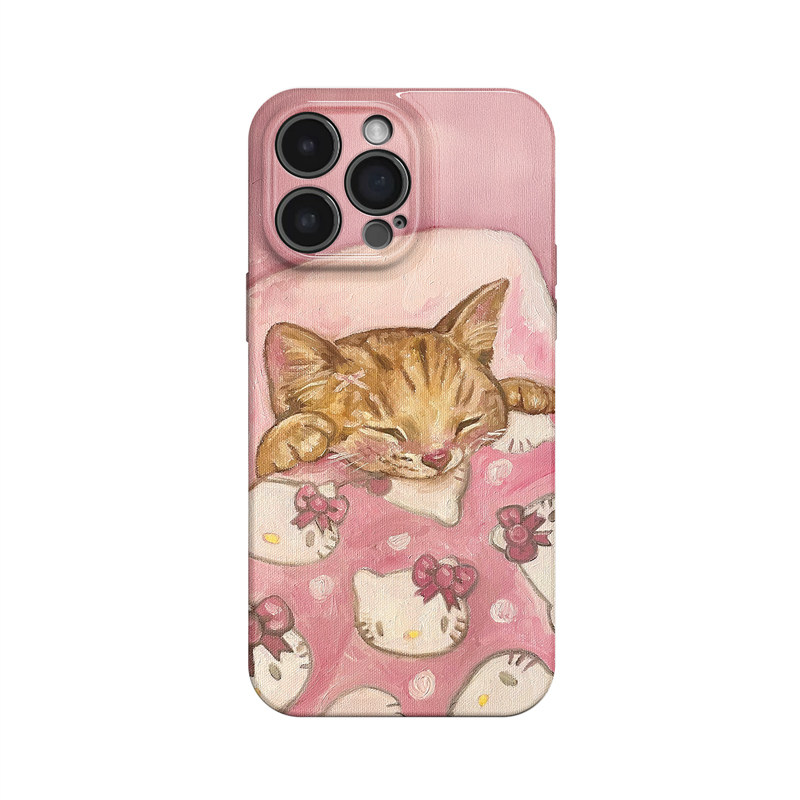 粉色被子~治愈睡觉小猫ins适用iPhone16/15pro手机壳华为mate70小米14油画vivoS19少女iqooneo10苹果14荣耀90