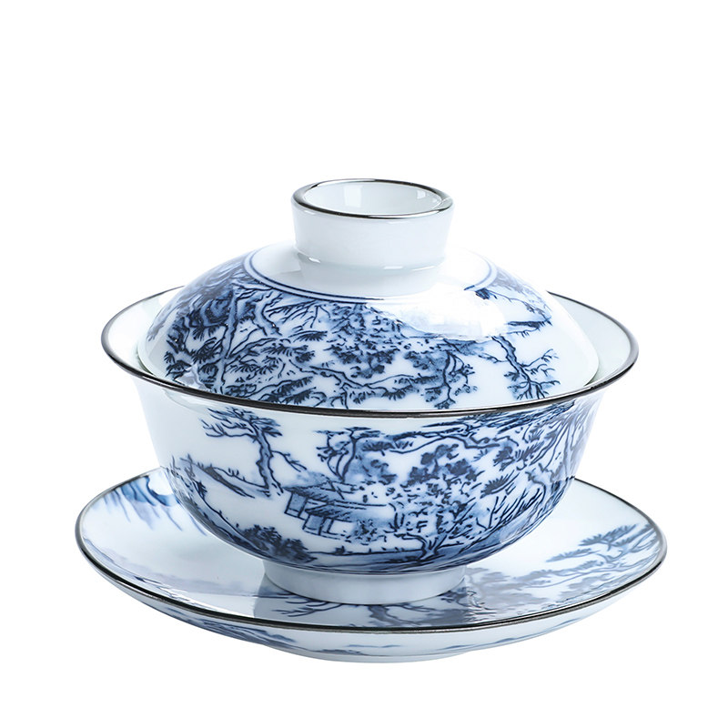 青花瓷三才功夫盖碗茶具泡茶器陶瓷个人品茗茶杯复古家用单盖碗