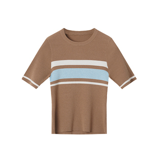 LE.SHERO原创设计简约撞色套头条纹天丝毛针织衫短款修身上衣T恤