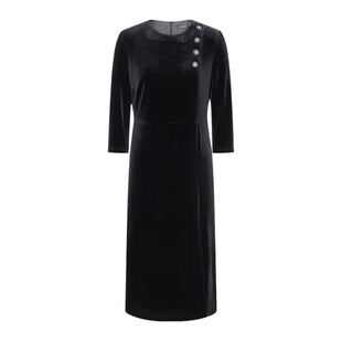 Scofield女装典雅光泽感丝绒七分袖连衣裙钻饰纽扣2025秋冬新品