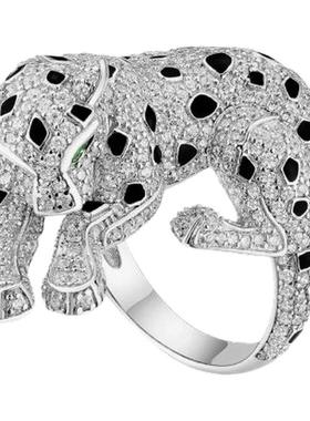 新款欧美复古满钻立体豹子戒指