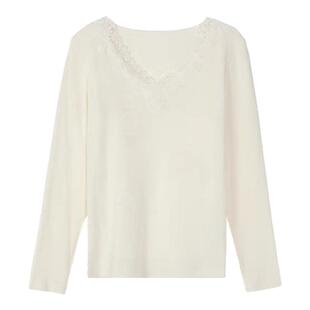 安莉芳谢欣同款秋冬螺纹v领蕾丝边修身打底衫秋衣女可外穿ED00340