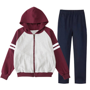 伊顿校服中小学生学校春秋冬校服上衣长裤枣红浅灰带帽加绒运动装