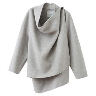 popchrio◆山羊绒羊毛混纺设计感荡领双面呢大衣小个子短款呢子女