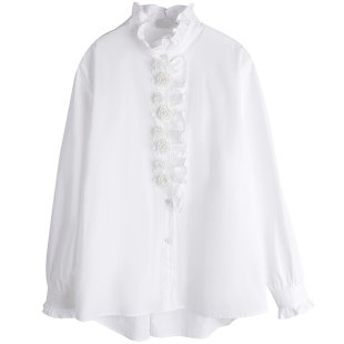 重工珠花扣木耳边上衣胖仙女莹莹大码女装胖mm甜美风白色棉质衬衫