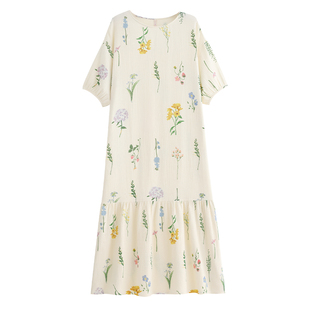 悦内睡裙女款睡衣夏季短袖纯棉纱布大码可外穿长裙长款连衣裙夏天