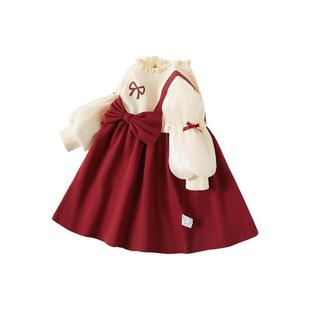 女童连衣裙小女孩红色加绒公主裙子2026春春款宝宝生日泡泡袖礼服