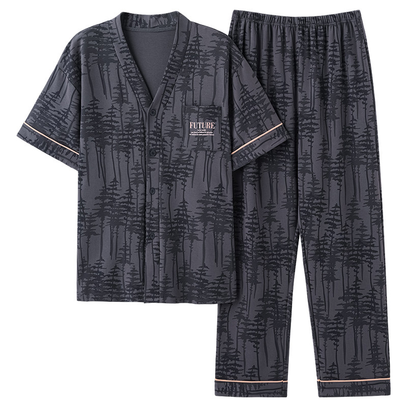 春秋夏季男士短袖长裤开衫家居服