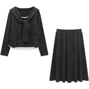 微胖的喵喵大码女装胖mm春装整套穿搭披肩上衣半身裙两件套装6018