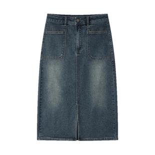 森柔牛仔|森马牛仔半身裙女开叉长裙显腿长秋盐系复古直筒裙潮酷