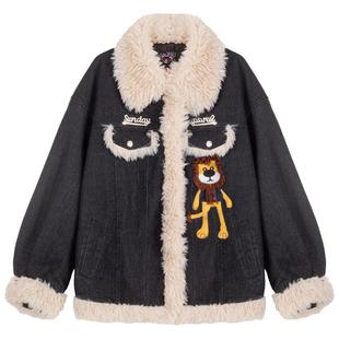 KEIKO [夹棉] 羊羔毛拼接翻领牛仔外套女25冬季卡通绣花宽松夹克