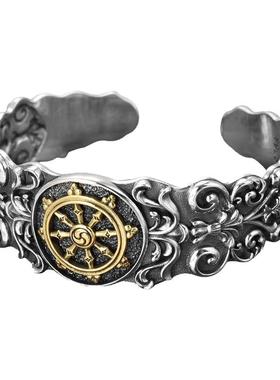 霸气复古唐草船舵开口纯银手镯男