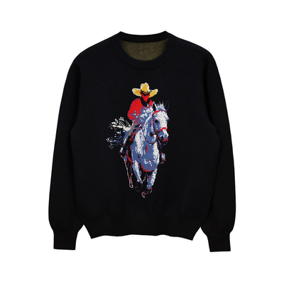 套头针织衫圆领彩色牛仔提花毛衣