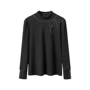 她池烫钻打底衫2025冬装新款女装半高领正肩修身内搭气质短款上衣