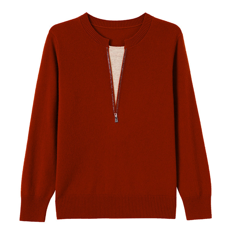 2026秋轻熟简约风拉链V领羊毛衫女妈妈装宽松针织打底衫红色毛衣