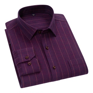 春秋季100%纯棉磨毛衬衫男长袖条纹商务休闲中老年爸爸装全棉衬衣