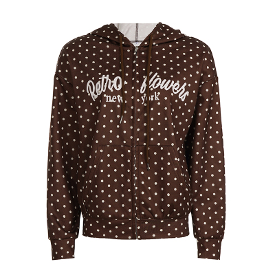 WEEKEEP 复古棕色波点字母印花拉链连帽卫衣女宽松口袋长袖外套秋