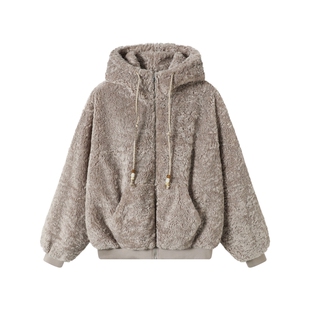 TGNS短款连帽仿羊羔毛棉服女款冬季美式复古棉衣加厚保暖毛毛外套