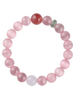 粉猫眼石草莓晶桃粉女士手链