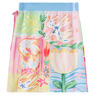 有耳uare原创设计 小花小草春天好 正反两穿飞鸟郁金香印花半身裙